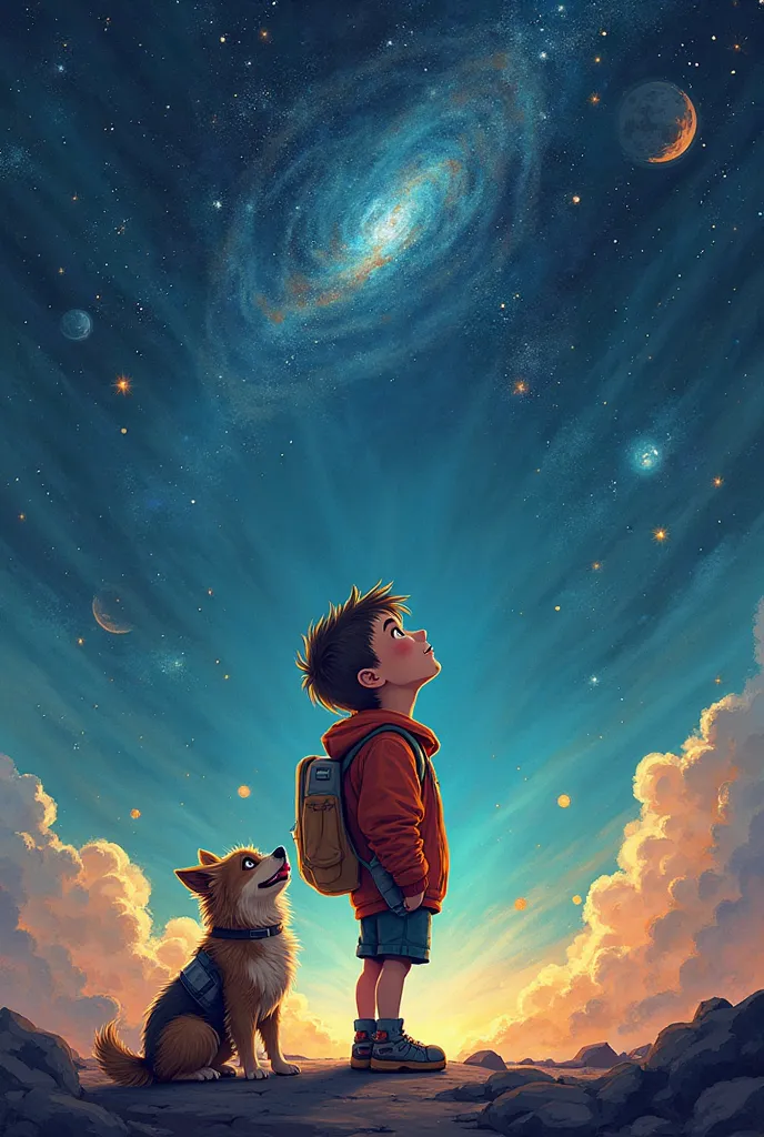 Book cover of a trip to space of a boy and his little dog 