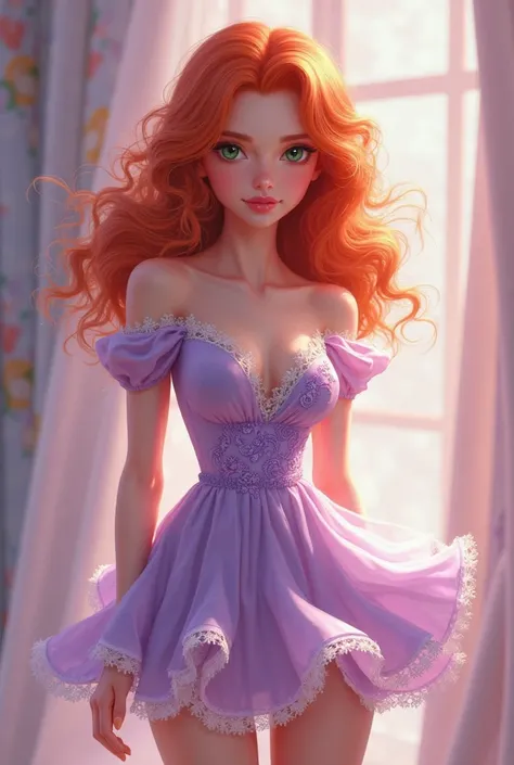 Create a red-haired character, She's human and wears a short lilac dress