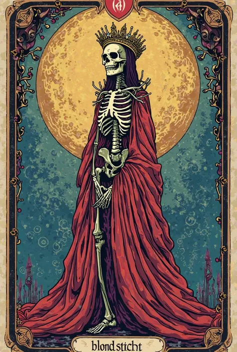 Draw a simple, colorful pretty queen skeleton tarot card with the name „Blond.sticht“