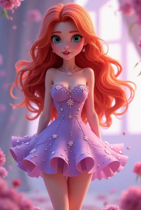  Create a sexy red-haired animated character in a short lilac dress