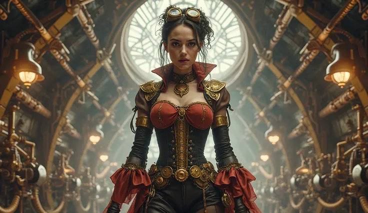 A steampunk women in full reveling steampunk attire standing in a steampunk air space ship