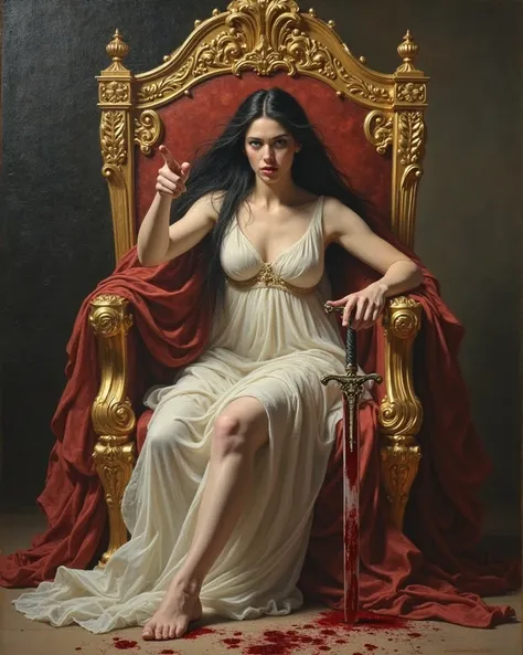 A oil painting of the goddess Venus in a diaphanous gown,  with long, black hair and blue eyes,  pointing at the camera with anger on her face,sitting on a blood spatterd golden throne. She is holding a sword dripping blood.