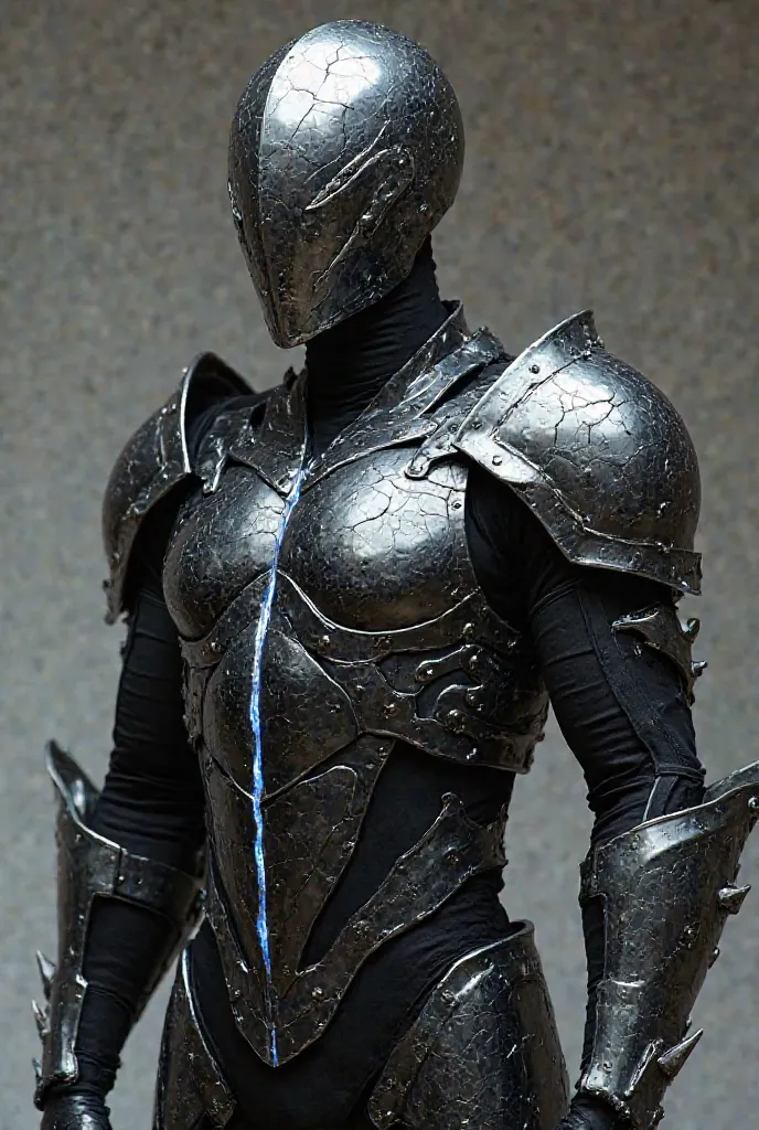  armor: Black with silver details and shiny cracks that seem to move like glass about to break.

layercete: with a reflective silver visor that shows the face of those who look at it, causing discomfort. It has an elongated and curved design, resembling a ...