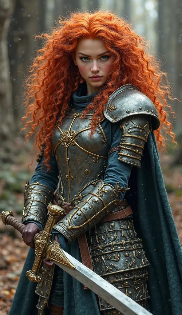 Hyperrealistic Merida the Brave as a Warcraft battlemaiden ready to fight, posing in a battle stance, wield a two-handed Flamberg sword in a historically accurate medieval armory. The armor on Merida has big and very detaled pauldrons. Full-body view.