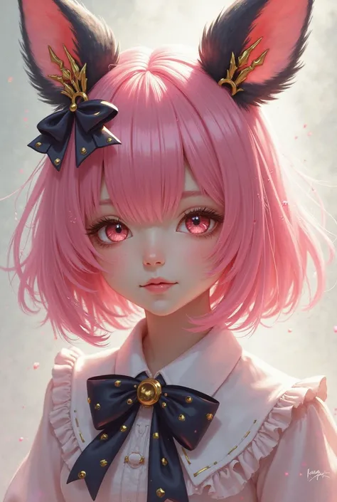 create an image of a pink-haired , She has a bow with gold and black ears on her head