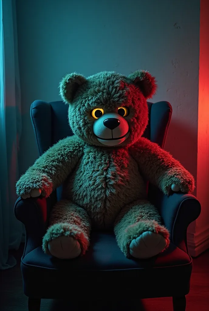 A horror teddy bear sitting in a room on a chair , portrait photography,dark light, blue light from left side,red light from right side,
