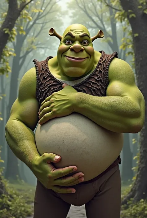 Pregnant Andrew Tate standing and Shrek hugging him from back