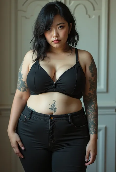 Chubby emo Asian girl with curves, typical emo girl clothes short shirt close to the body, tight pants below the bikini line, striking tattoo below the navel, Conceptual art, first-person view, UHD, Masterpiece, Accurate, Super detail, high details, HD