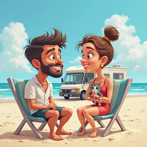 représentation de style dessin animé caricaturale, une plage, avec un ciel bleu. un camping car stationné Assis sur une chaise devant la porte du camping car, un homme européen cheveux court noir, Barbue, les yeux marrons. expression joyeux. il porte une t...