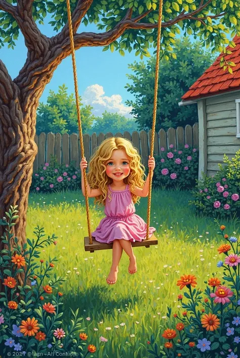 Create Van Gogh model painting of a backyard with two large trees, And among them ,  a small , Blonde with long curly hair and big honey-colored eyes, Playing on your swing.