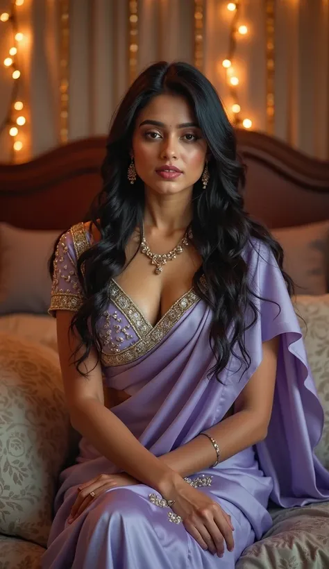 Top view,Full body image, indian hourglass body, Indian 22 year old Telugu longhair syamala, lovely face, mouth wide open, wearing highly embroideried light blue colour silk deep neck blouse and lavender colour low waist silk body fit designer saree wearin...