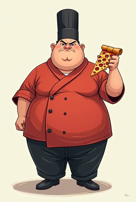 Make me a stress-style drawing of a short man, Wearing Sushiman's black cap, red shirt and black pants, with a slice of pizza in the hand and a serious face. with blank image background 