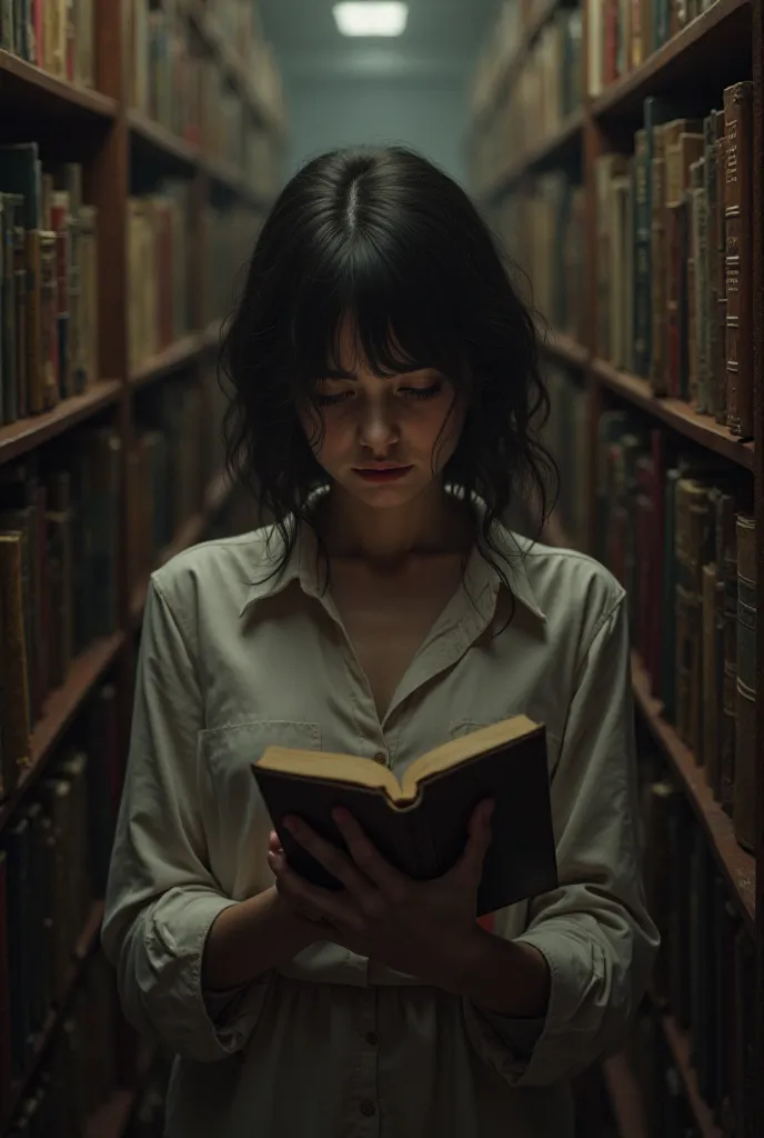 Person who represents hypersensitivity, in a room with a library, The girl has a book in her hand but is looking at the ground