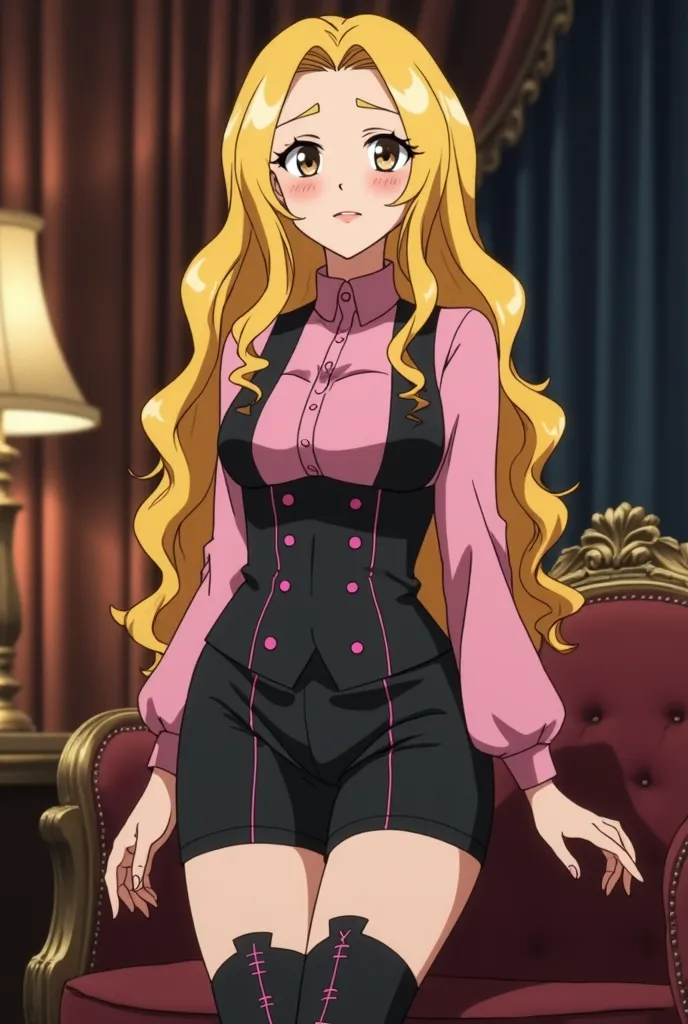 Screenshot in the anime style of My Hero Academia, Girl with long blonde curly hair, WITHOUT FRINGE,  black eyebrows,  big brown eyes , long eyelashes and slightly pink lips,  subtle freckles , shy and calm expression, dress in a pink long sleeve blouse wi...