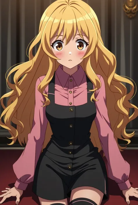 Screenshot in the anime style of My Hero Academia, Girl with long blonde curly hair, WITHOUT FRINGE,  black eyebrows,  big brown eyes , long eyelashes and slightly pink lips,  subtle freckles , shy and calm expression, dress in a pink long sleeve blouse wi...