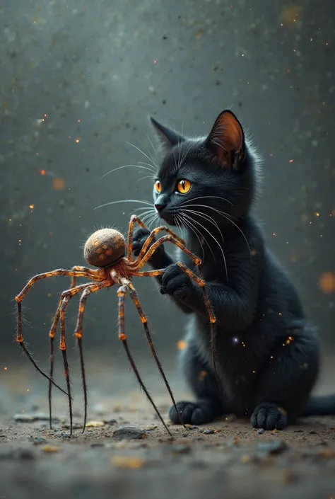 A fine-legged spider playing with a black cat with a gray background and sparkles