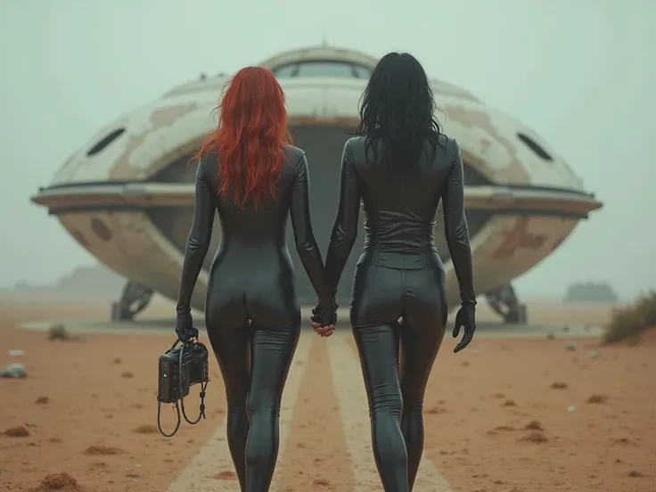 Two women step out if a spaceaft onto an alien desert landsacpe, one has messy red hair, one has black bob hair, both women wear black latex futuristic bodysuits. Holding hands, Post Apocalyptic , misty and depressing 