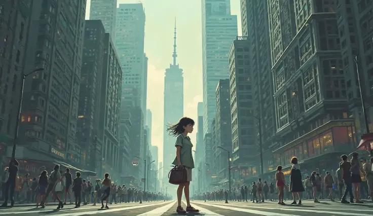 A girl looking lost and alone in a new city, surrounded by unfamiliar buildings and streets.”