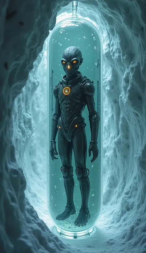 An alien trapped in a transparent capsule

In the middle of an ice tunnel, the explorers discover a vertical capsule embedded in the wall.  Inside it , an alien in armor is suspended in a dark liquid. His face is angular and his eyes shine slightly, as if ...