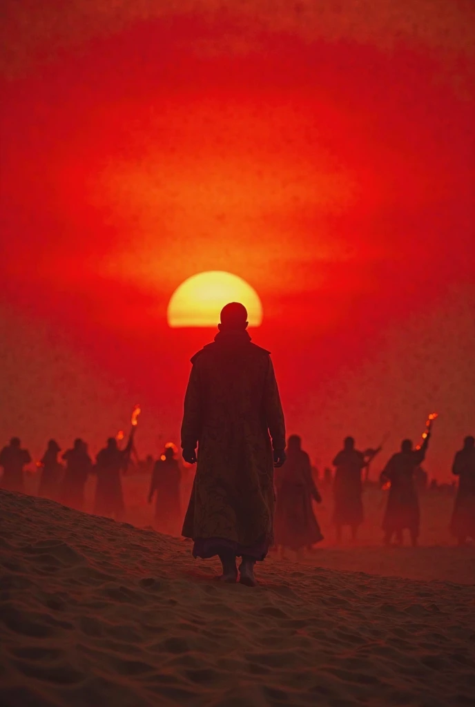 In the heart of the Arabian desert, under a blood-red sunset, a man faces his final moments. The wind howls through the dunes, carrying the echoes of ancient chants and distant cries. Shadows flicker from torches held by robed figures, their faces hidden b...