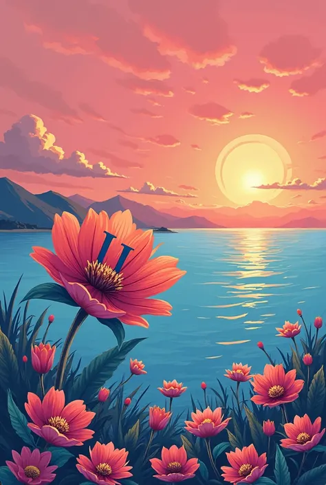 create me a graphic design with these idea: A scene with blue sea and the sky red and pink with a bit of light clouds. On the left, there is a flower protruding on that flower with a letter that is also surrounded by many small flowers. The grinding scheme...