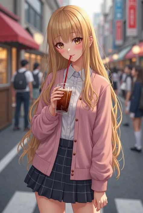 Generate a realistic image of a young woman with the Gyaru Kogyaru style of the 2000s, with an appearance as similar as possible to the girl on the left in the reference image.  

The girl must have long golden blonde hair completely straight with a stripe...