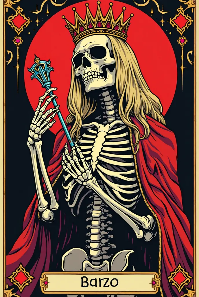 Draw a simple, baroque style pretty queen skeleton with blonde hair tarot card with the name „Blond.sticht“ in german. Comic pop up style.In one hand she holds a tattoo maschine. Neon. Tattoo colors. Vector. Clipart. Red gold. Majestic. Queen. Velvet. Scep...