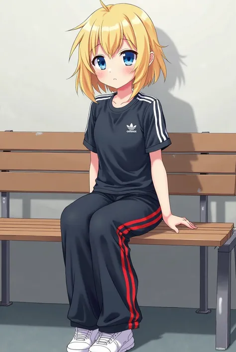 Anime blonde girl with blue eyes is short sleeved dark blue adidas shirts with white stripes with her shoulders , black fulled -long adidas pants with red three stripes and white socks and white shoes is sitting on the bench 