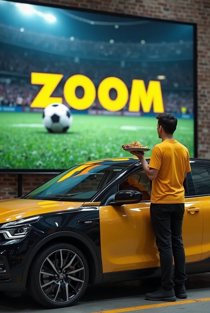 A black and yellow car parked in front of a large screen playing football and with the word zoom written across the screen in yellow and a waiter wearing yellow t-shirt and black pants leaning over  the car window serving food