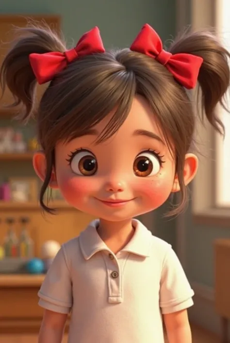 Create 3D Pixar character.  A  kindergarten girl. With light brown hair. With very light brown eyes. With 2 bows with red ribbon. wears a white school polo shirt.