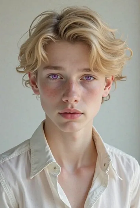 handsome 15-year-old   boy, porcelain white skin, golden blonde hair, violet eyes (amethyst)