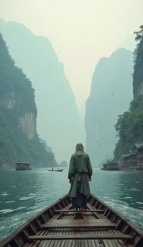 "I am standing on the bow of a wooden boat, slowly navigating the majestic Yangtze River in ancient China. The soft sound of water against the shell and the creaking of the wood under my feet create a mesmerizing sensation. The air is fresh and full of fog...