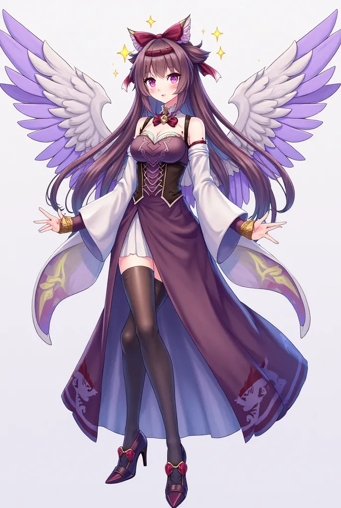 Create a Genshin Impact character where she has wings, purple and brown hair, her clothes are like those of a goddess, she is a celestial principle, she has pink and purple eyes with stars, her shoe is a high heel in the same shade as her hair, she has a s...