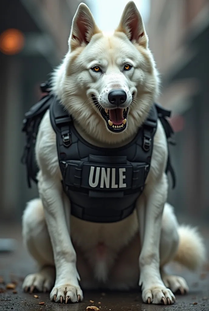 Swiss white shepherd with bulletproof vest with the initials UNLE. angry face, aggressive posture