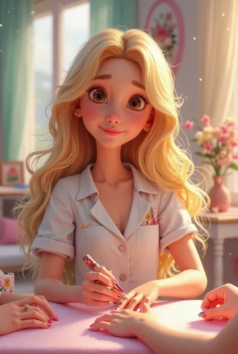 Brown-eyed blonde white girl animated manicurist