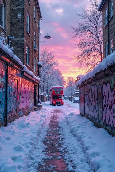 The Graffiti London City with none people, snowing, sunset, there is a small path and a rose red bus, purple and blue highlights 