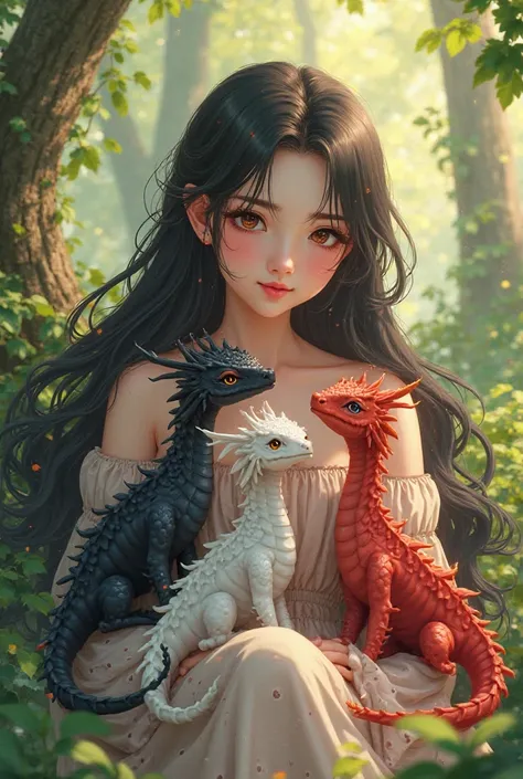 Anime girl with black hair and several red highlights long hair light red. eyes with three baby dragons one black another white and one red sitting in the sespet in a forest during the day