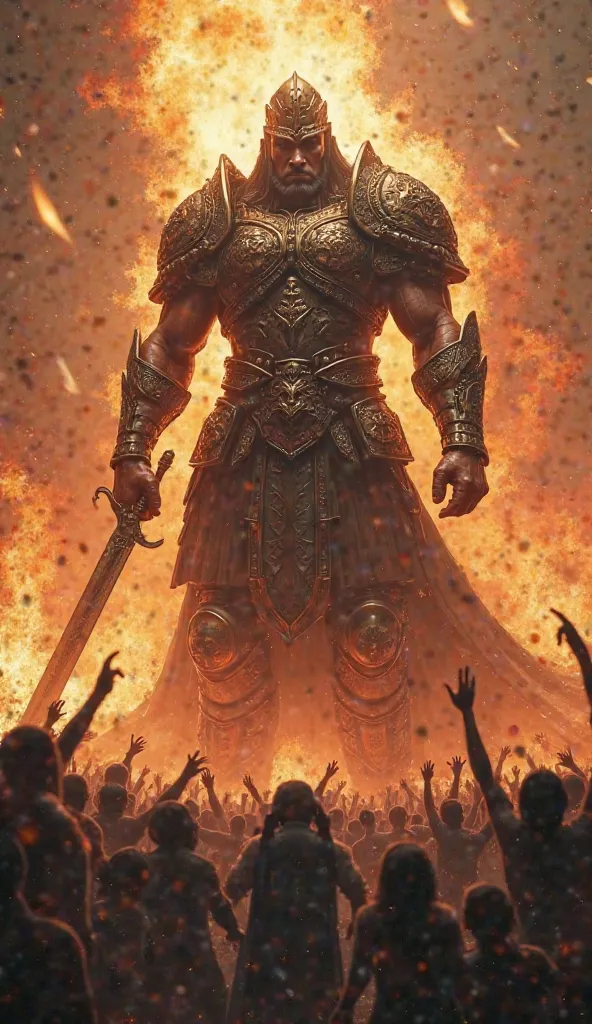 “A God with an imposing appearance, dressed as a warrior with a sword in his hand, watching a group of fearful faithful, as the fire burns around him, Hyper realistic. 