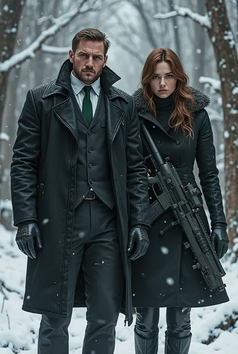 Chris Redfield wearing a black coat, black suit and black shirt with dark green tie, using a machine gun in a snowy forest accompanied by Jill Valentine dressed in a black coat with a sweater collar 