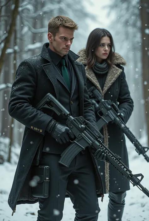 Chris Redfield wearing a black coat, black suit and black shirt with dark green tie, using a machine gun in a snowy forest accompanied by Jill Valentine dressed in a black coat with a sweater collar 