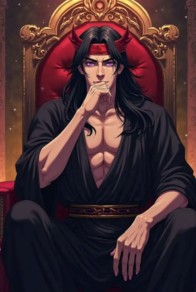 a tall 24-year-old man , with long black hair and a red crown of laurels, has eyes with purple pupils. He wears a black Greek robe that highlights his chest. Sitting on a throne in the Underworld Palace, he rests his face on his fist, showing a serious exp...