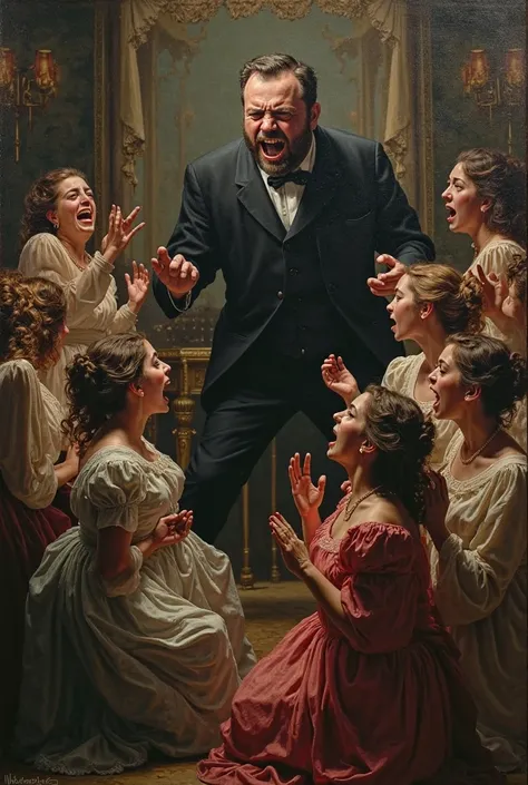 1900 man extremely angry with his seven wives and they scream