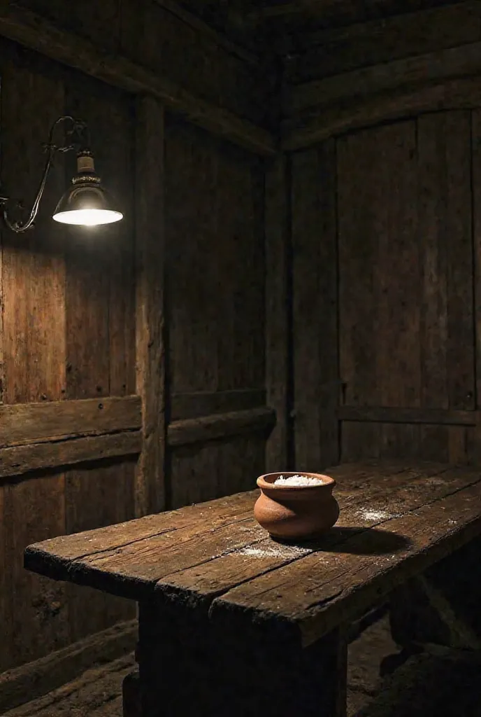 an old house, of wood and clay, under the dim light of a lamp. In the center of the room, a rustic table and, About her, a small clay pot with salt.  The environment has a dark atmosphere ,  as if something invisible were lurking .”