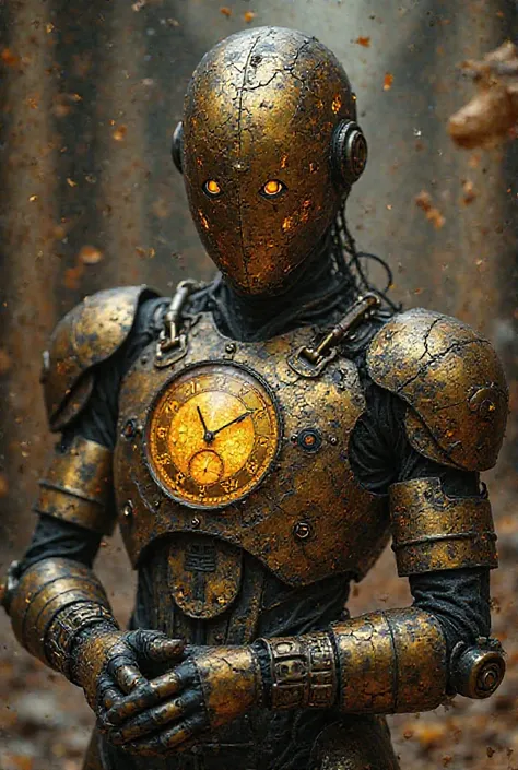  armor: Golden and Black, with glowing cracks that look like living scars, emitting a faint spectral glow.


With a humanoid face 
hands: Gloves with mechanical fingers that adjust as it uses its absorption abilities.

 chest: It displays a large cracked w...