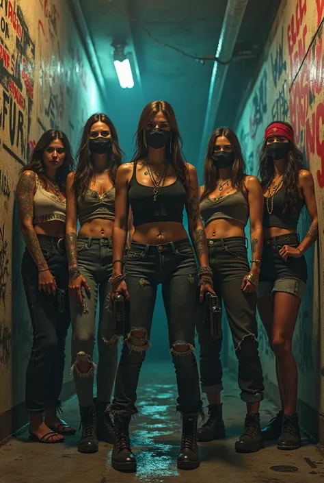 Create a realistic GTA V-style 4k video with several women wearing dirty clothes, And thug mask, Holding weapons written on the wall in Hells Angels graffiti 