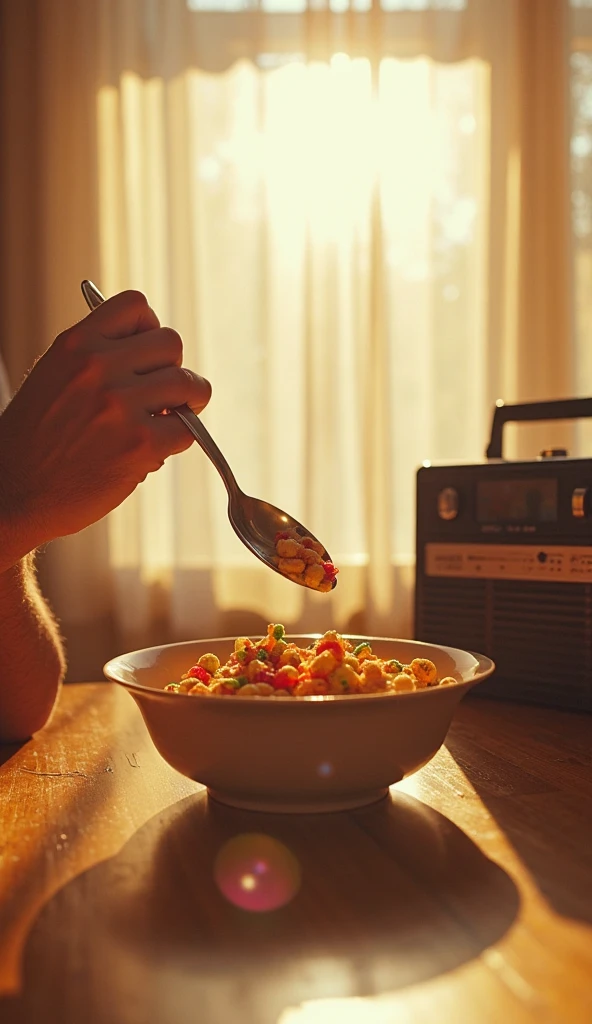 Capture an 8K resolution image focusing solely on the arms of a human man holding a spoon, eating colorful cereal from a bowl placed on a table. Include a vintage radio on the table to enhance the nostalgic 1998 vibe. In the background, feature a window wi...