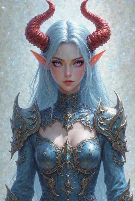 Image of a girl elf with light blue hair and crimson horns, violet eyes and armor 