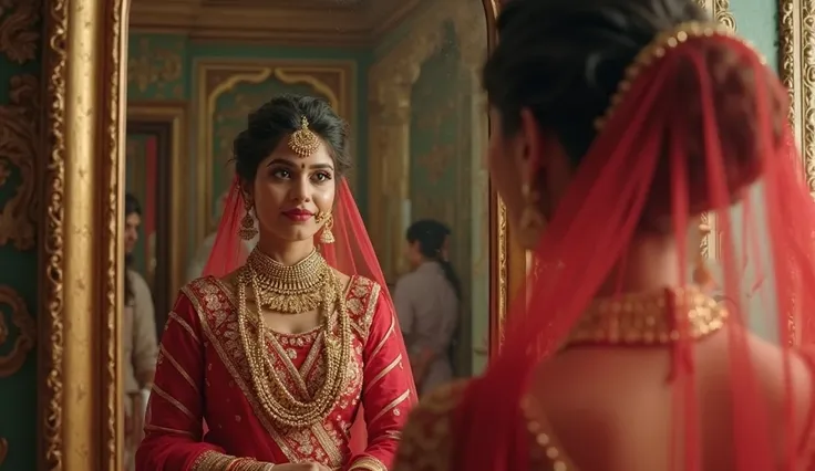 Use write colours and create an ultra HD 4K Quality realistic cinematic styleRajkumari, dressed in a red and gold lehenga with a sheer red veil, stands before an ancient mirror. As she gazes into it, her breath catches—inside the mirror, Shehzada Aftab app...