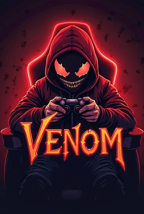 I want a gaming logo name “VENOM”.In this logo I want  a boy who wear a red color venom mask  and playing game with a controller .The text venom must be under the boy and the boy was sitting in red color gaming chair and the background of logo is in glowin...