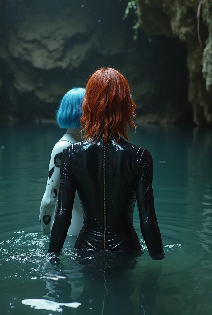 A woman with medium length messy wet red hair dressed in a figure hugging  blackflightsuit , up to her neck in water, pulled from the water by a ((( beautiful blue haired android with bob hair))) with a white plastic body, 
 , submerged in a pool of dark w...